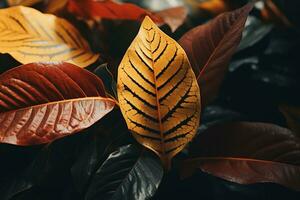 dichtbij omhoog van mooi herfst bladeren met water druppels. natuurlijk achtergrond ai gegenereerd foto