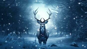 een besneeuwd winter nacht, een hert staat in een ijzig Woud gegenereerd door ai foto
