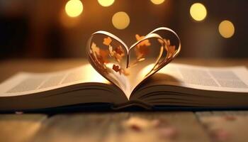 romantiek, liefde, hart vorm geven aan, lezing, bibliotheek, opleiding, papier, bladzijde, aan het leren gegenereerd door ai foto