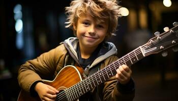 een glimlachen jongen spelen gitaar, genieten van de muziek- en aan het leren gegenereerd door ai foto
