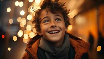 glimlachen jongen geniet winter nacht, vrolijk en zorgeloos in natuur gegenereerd door ai foto