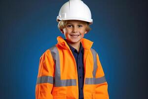 portret van een schattig weinig jongen in een bouw helm ai gegenereerd foto