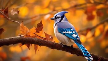 een levendig geel vogel neerstrijken Aan een Afdeling in herfst gegenereerd door ai foto