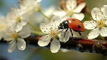 lieveheersbeestje met zwart ogen in macro. lieveheersbeestje Aan wit bloem. generatief ai foto