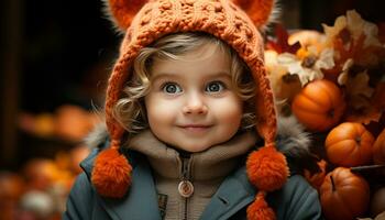 een schattig kind glimlachen met een pompoen in herfst buitenshuis gegenereerd door ai foto