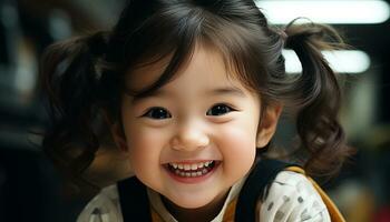 schattig glimlachen kind, vrolijk en Vrolijk, op zoek Bij camera nauw gegenereerd door ai foto