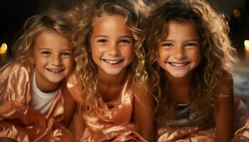 glimlachen meisjes, vrolijk jeugd, schattig portret, vriendschap, blij broers en zussen spelen gegenereerd door ai foto