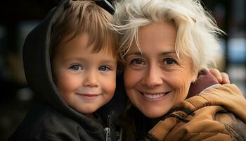 glimlachen kind, familie buitenshuis, geluk, vrolijk jongens, Kaukasisch etniciteit schattig portret gegenereerd door ai foto