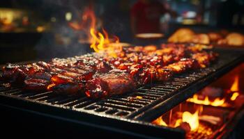 gegrild vlees Aan barbecue, vlam, steenkool, warmte, fijnproever, rook, picknick gegenereerd door ai foto