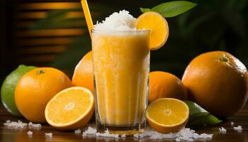 versheid van citrus fruit Aan een houten tafel, een verfrissend drinken gegenereerd door ai foto