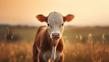 schattig koe begrazing in de weide, onder de zonsondergang warm gloed gegenereerd door ai foto