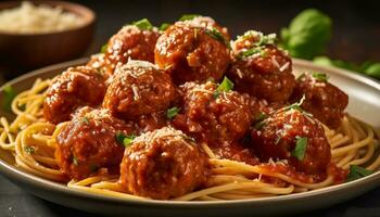 vers eigengemaakt pasta met gehaktballen en hartig tomaat saus Aan bord gegenereerd door ai foto