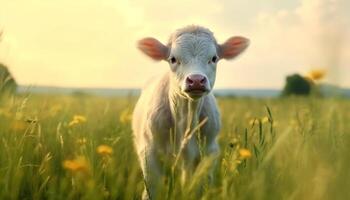 schattig koe begrazing in groen weide, omringd door rustig natuur gegenereerd door ai foto