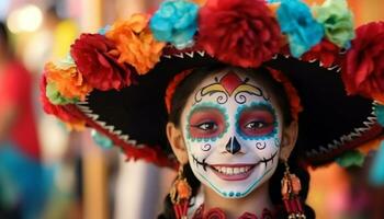 glimlachen Dames in traditioneel kleding vieren halloween met kleurrijk decoraties gegenereerd door ai foto