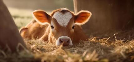 schattig koe begrazing Aan groen weide, op zoek Bij camera gegenereerd door ai foto