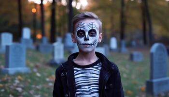 een spookachtig halloween viering met een persoon buitenshuis, op zoek Bij camera gegenereerd door ai foto