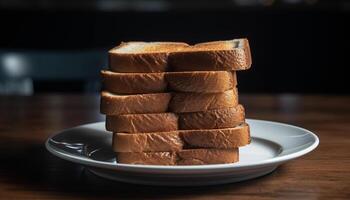 stack van eigengemaakt chocola brownies Aan een rustiek houten tafel gegenereerd door ai foto