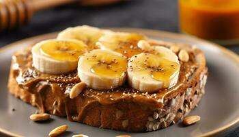 vers eigengemaakt toetje zoet banaan brood met gecarameliseerd amandel en chocola gegenereerd door ai foto