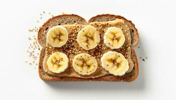 vers banaan plak Aan geheel tarwe brood, een gezond tussendoortje gegenereerd door ai foto