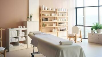 interieur van nieuw schoonheid salon met spa massage tafel en reeks van huidsverzorging producten klaar voor gebruiken. schoonheid en lichaam zorg. generatief ai foto