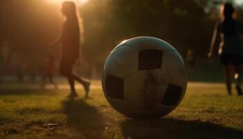 jong volwassen Holding voetbal bal, spelen voetbal Aan gras veld- gegenereerd door ai foto