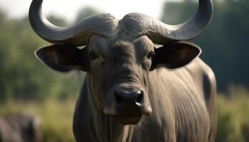 dichtbij omhoog portret van een gehoornd koe begrazing in een groen weide gegenereerd door ai foto