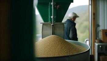 een werken Mens in de voedsel industrie bereidt zich voor vers biologisch maaltijden gegenereerd door ai foto