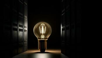 gloeiend helder, elektrisch lamp verlicht donker met vernieuwend ideeën gegenereerd door ai foto