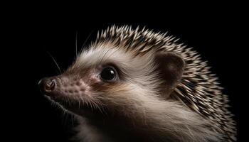 een schattig egel, met borstelharen en bakkebaarden, op zoek omhoog Bij nacht gegenereerd door ai foto