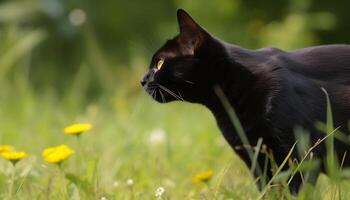 schattig katje zittend Aan gras, staren Bij geel bloem gegenereerd door ai foto