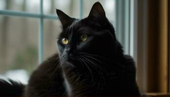schattig katje zittend door venster, staren met mooi blauw ogen gegenereerd door ai foto
