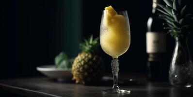 vers ananas cocktail Aan houten tafel Bij tropisch drinken bar gegenereerd door ai foto