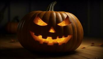 spookachtig halloween nacht, gloeiend pompoen lantaarn, herfst viering van angst gegenereerd door ai foto