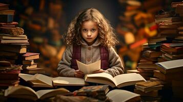 weinig meisje lezing een boek in de bibliotheek met herfst bladeren in de omgeving van haar. generatief ai foto