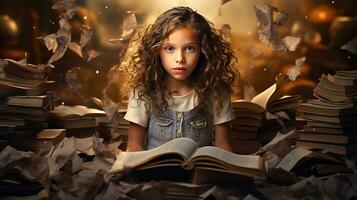 weinig meisje lezing een boek in de bibliotheek met herfst bladeren in de omgeving van haar. generatief ai foto