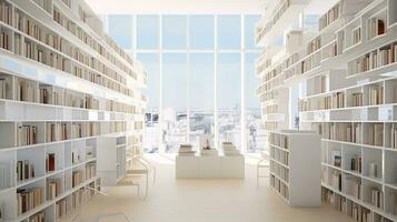 interieur van modern bibliotheek met wit muren, houten vloer, rijen van boekenkasten en boekenkasten. 3d weergave. generatief ai foto