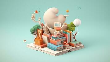 3d illustratie van onderwijs concept, stack van boeken met uitroep markering. generatief ai foto