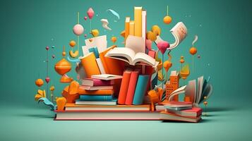 3d illustratie van onderwijs concept, stack van boeken met uitroep markering. generatief ai foto