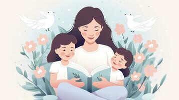 een moeder leest een verhaal boek naar haar kind. generatief ai foto
