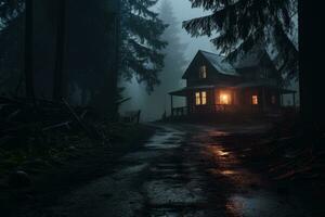 eng huis in mysterieus verschrikking Woud foto