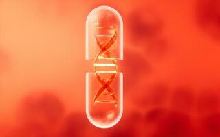 dna en capsule met farmaceutisch concept, 3d weergave. foto