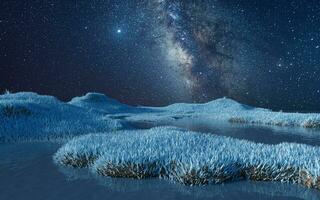 blauw grasland met melkachtig manier Bij nacht, 3d weergave. foto