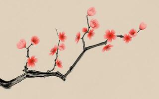 Pruim bloesem met Chinese inkt schilderij stijl, 3d weergave. foto