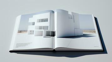 Open tijdschrift met modern en minimalistische gebouw en blauw lucht. 3d weergave. foto