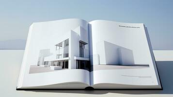 Open tijdschrift met modern en minimalistische gebouw en blauw lucht. 3d weergave. foto