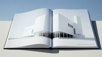 Open tijdschrift met modern en minimalistische gebouw en blauw lucht. 3d weergave. foto