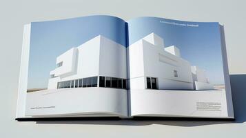 Open tijdschrift met modern en minimalistische gebouw en blauw lucht. 3d weergave. foto