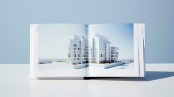 Open tijdschrift met modern en minimalistische gebouw en blauw lucht. 3d weergave. foto