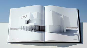 Open tijdschrift met modern en minimalistische gebouw en blauw lucht. 3d weergave. foto