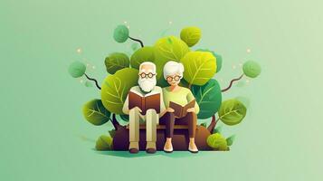 ouderen paar lezing een boek voor genieten de stroom moment. vlak ontwerp vector illustratie. generatief ai foto